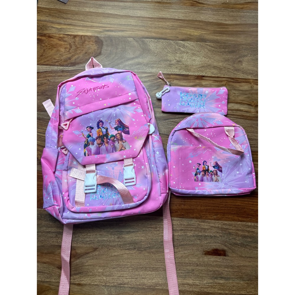 K-Pop Demon Hunters 3 Piece Backpack Set Pink Purple Lunch Bag Pencil Case Kids